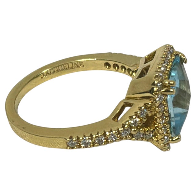 Blue 18k Gold Blue Topaz Diamond Ring Vintage For Sale - Image 8 of 10