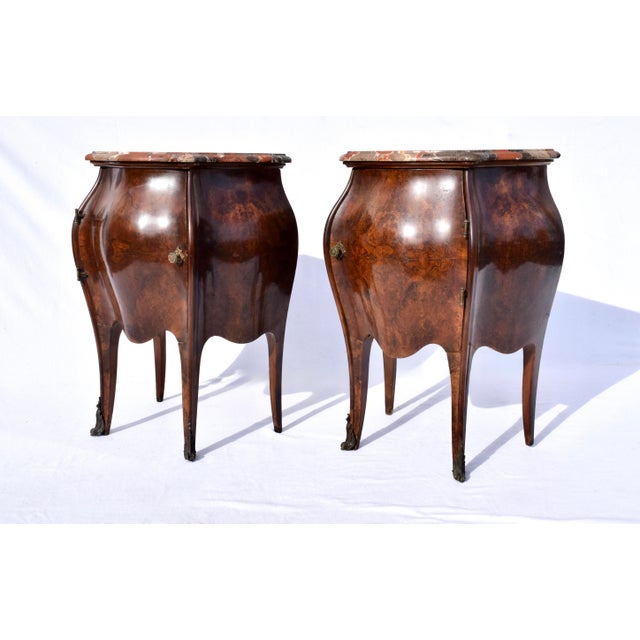 Italian Burl Wood Bombe Nightstands, Breccia Marble Tops, 19th Century For Sale In Philadelphia - Image 6 of 9