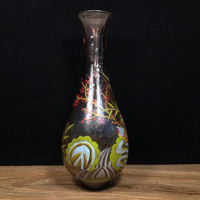Mid 20th Century Inside-Painted Glass Vase – Bird & Bamboo Motif, Long Neck For Sale - Image 5 of 9