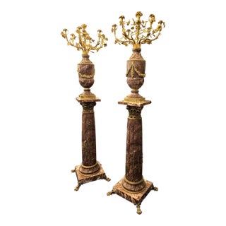 Louis XVI-Style Porcelain Pedestal Centerpiece Set of 2 With Floral Gold Leaf Details & Gilded Bronze Accents For Sale
