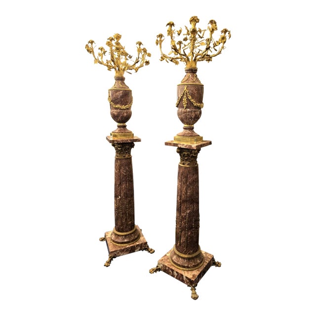 Louis XVI-Style Porcelain Pedestal Centerpiece Set of 2 With Floral Gold Leaf Details & Gilded Bronze Accents For Sale