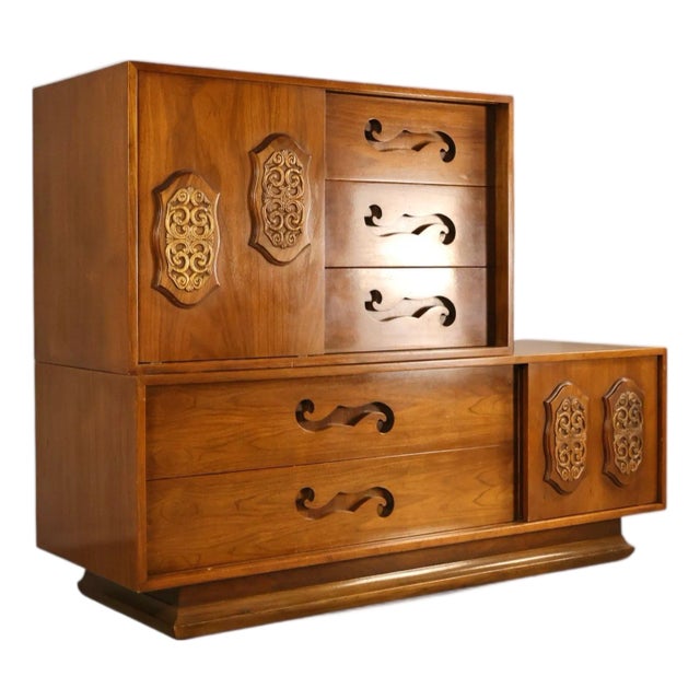 Attributed to Young Manufacturing Vintage Mid Century Modern Brutalist Spanish Revival 2 Piece Highboy Dresser C. 1960s For Sale