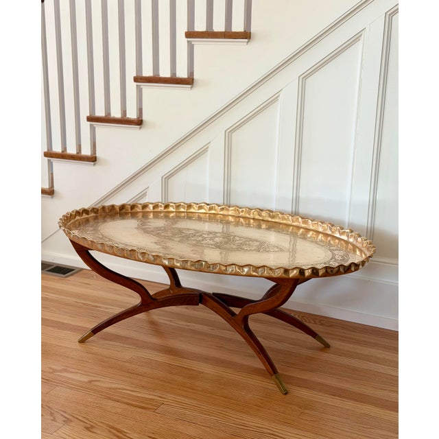 1960s Mid-Century Etched Brass & Wood Oval Tray Coffee Table For Sale In Detroit - Image 6 of 10