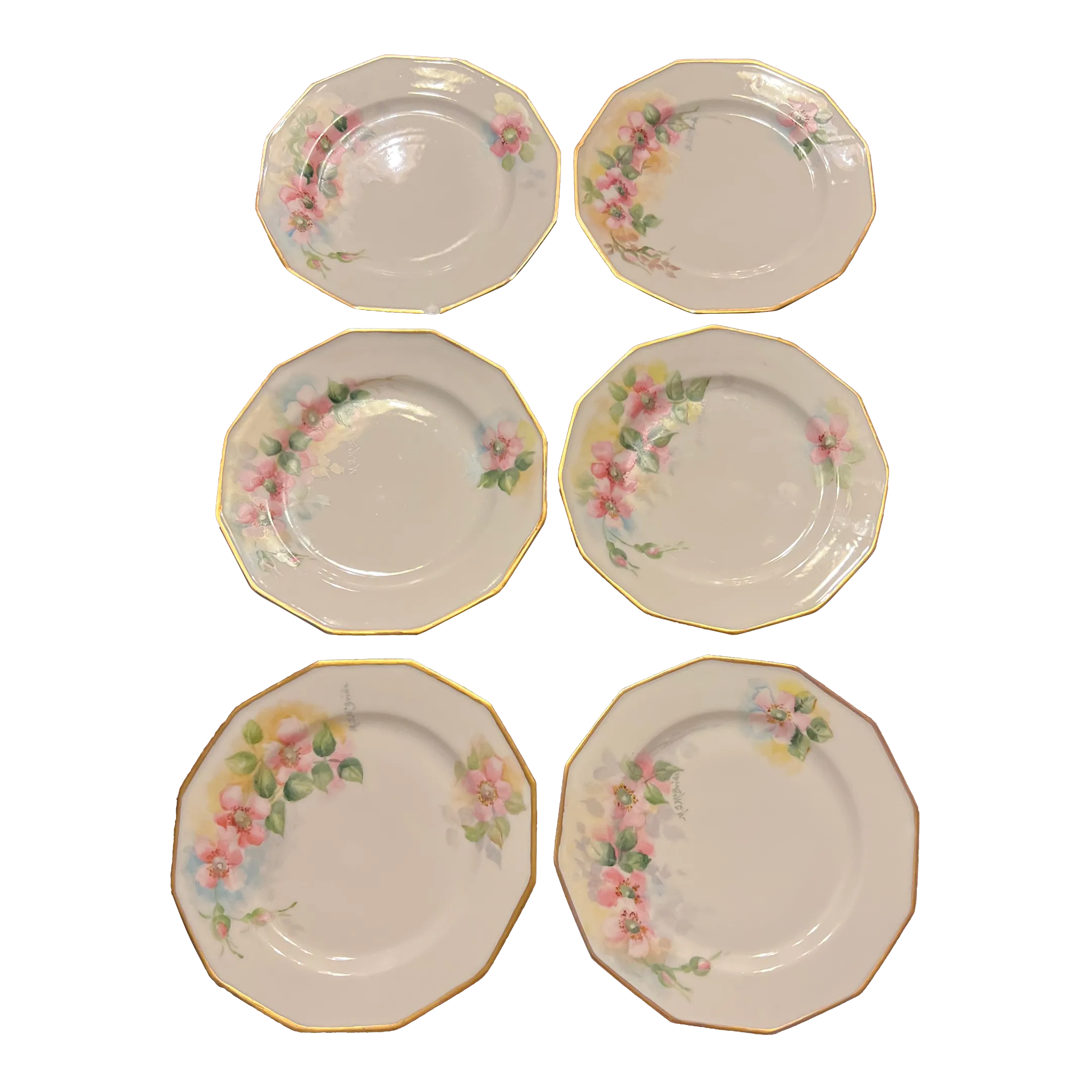 1920s Antique Hand Painted Limoges 12 Sided Dessert Plates- Set of
