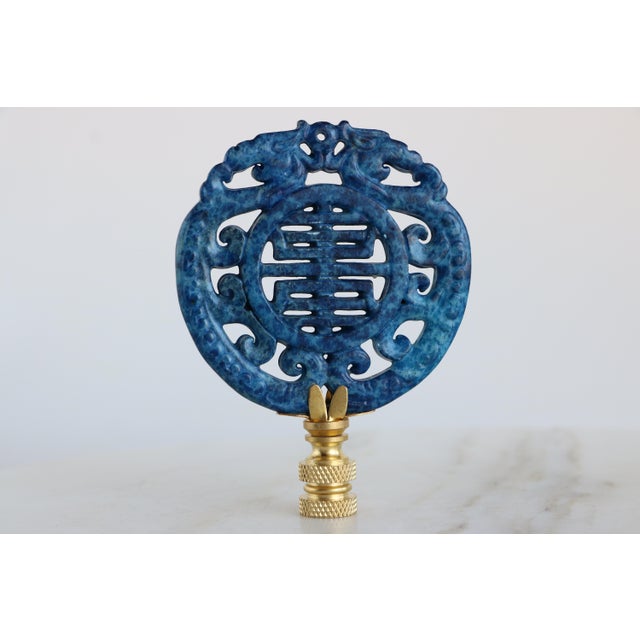2020s Chinese Good Fortune Lamp Finials in Mottled Blue on Brass Hardware - A Matching Pair For Sale - Image 5 of 6