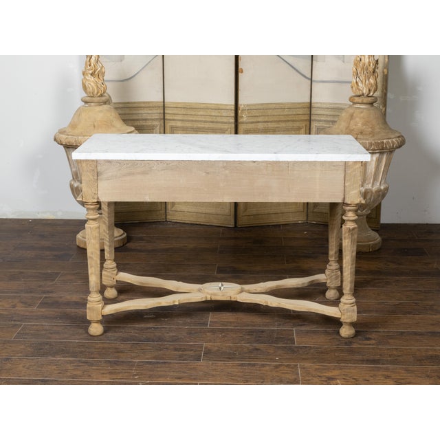 Brown 19th Century, Bleached Walnut Console Table with White Marble Top, Faceted Legs For Sale - Image 8 of 12