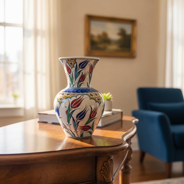Handmade Ceramic Floral Vase (20cm) Red Tulip and Golden Garden Pattern For Sale - Image 4 of 8
