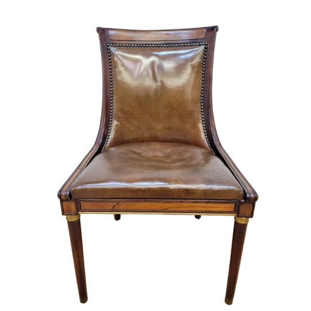 Mid 20th Century Vintage Neoclassical Style Walnut Leather Slipper Dining Chairs – Set of 6 For Sale - Image 5 of 10