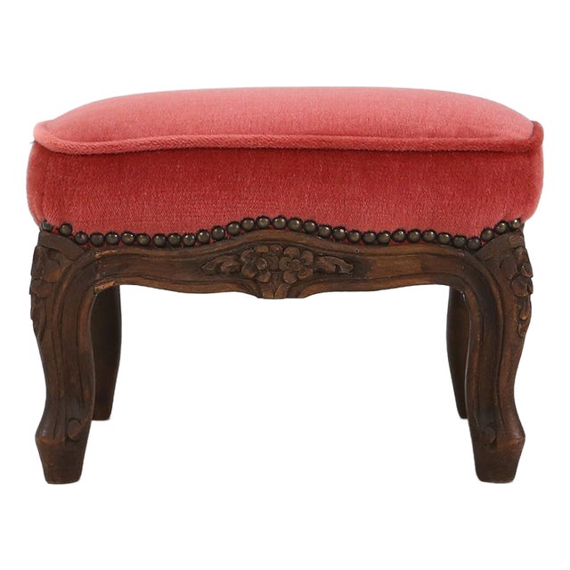 Baroque Ottoman in Carved Wood with Coral Velvet Upholstery, 1950s For Sale
