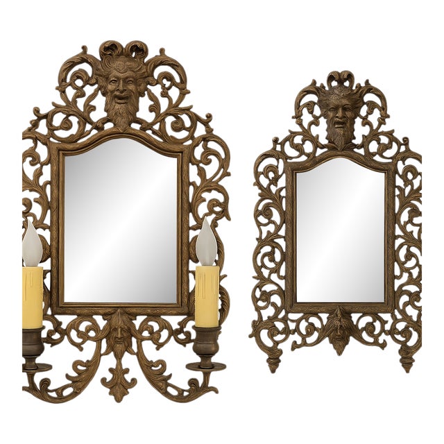 Pair of Antique Victorian Bacchus Mirrors — Ornate Brass Wall & Dresser Set — B&h / p.e. Guerin Style For Sale