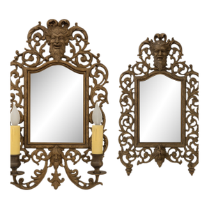 Pair of Antique Victorian Bacchus Mirrors — Ornate Brass Wall & Dresser Set — B&h / p.e. Guerin Style