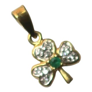 Irish Shamrock Clover Charm 14-Karat Yellow Gold, Diamonds & Emerald For Sale