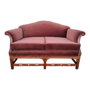 1920s Chippendale Style Mahogany Loveseat Newly Upholstered in Rich Brown Fabric
