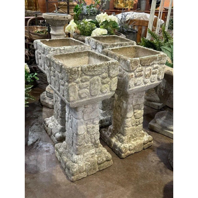 English English Square Pedestal Garden Planters With Cobblestone Relief (Four Available) For Sale - Image 3 of 12