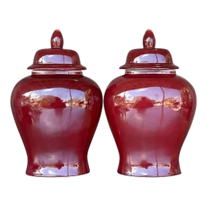 Vintage Asian “Sang De Boeuf” Glazed Ceramic Ginger Jar Urns - a Pair