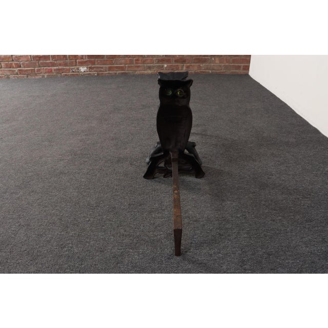 Vintage Cast Iron Perched Owl Andirons With Blue Green Glass Eyes For Sale - Image 10 of 18