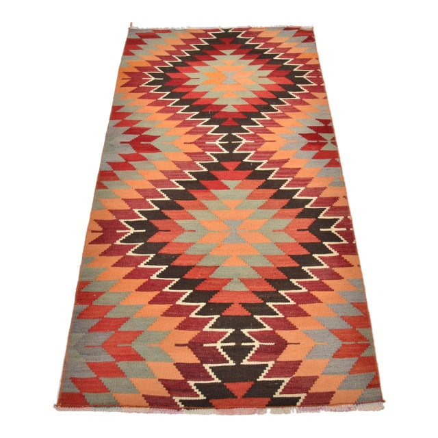 1960s Geometric Design Modern Wool Natural Kilim For Sale