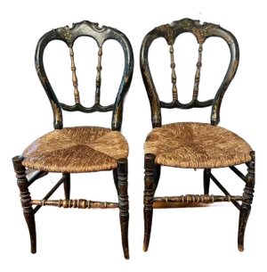 19th Century Victorian Ebonized and Decorated Side Chairs - Set of 2