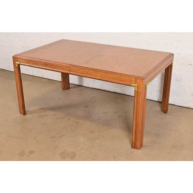 Drexel Heritage Mid-Century Hollywood Regency Campaign Walnut Extension Dining Table, Newly Refinished For Sale - Image 9 of 15