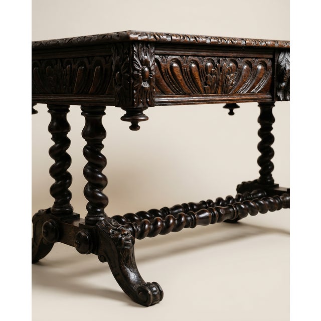 Early 20th Century Antique English Jacobean Revival Carved Oak Library Writing Table by Hobbs & Co. London For Sale - Image 5 of 12