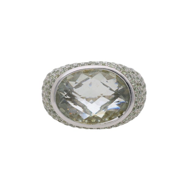 Metal 13.50 Carat Oval Checkerboard Cut Green Amethyst Pave 14k White Gold Dome Ring, Size 7.25 For Sale - Image 7 of 7
