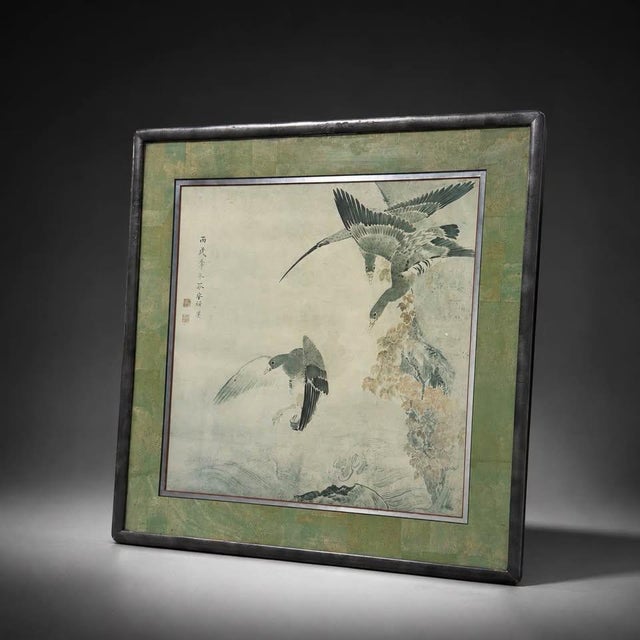 Late 20th Century Late 20th Century East Asian Ink Wash Style Bird Painting in Green Silk Mat For Sale - Image 5 of 6