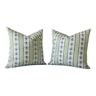 One Pair of James Stripe Down and Feather Denim Blue and Green Print Kravet White Denium Back For Sale