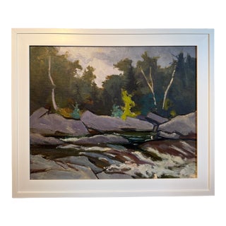 Vintage Painting of a Peaceful River Spillway. For Sale