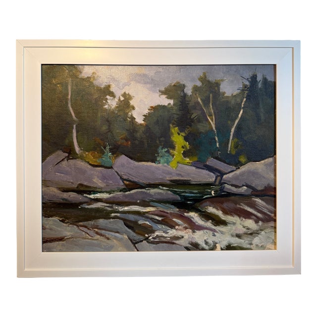 Vintage Painting of a Peaceful River Spillway. For Sale