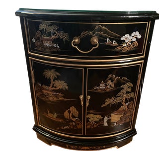 VIntage Petite 19" Hand-Painted Gilt Chinoiserie "Shan Shui" Demilune Cabinet For Sale