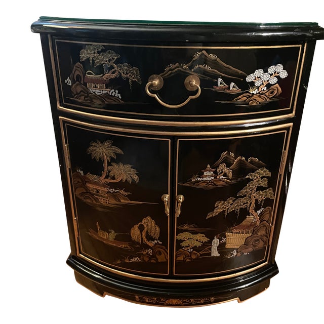 VIntage Petite 19" Hand-Painted Gilt Chinoiserie "Shan Shui" Demilune Cabinet For Sale