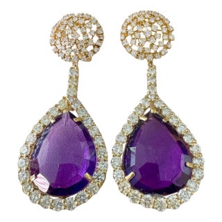38 Carat Natural Amethyst & 9 Ct Diamond Cocktail Earring, 14 Karat Yellow Gold For Sale