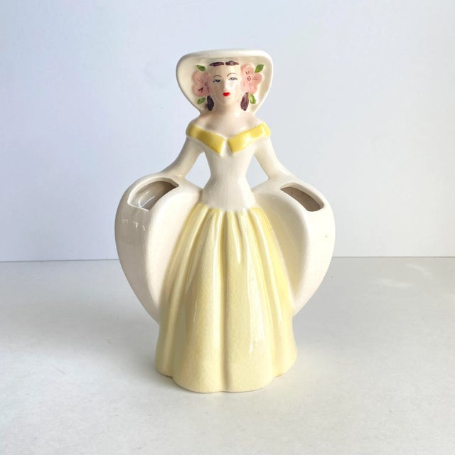Vintage Southern Belle Lady Double Vase 1940s Matie Weil Ware California Pottery Yellow Dress For Sale - Image 10 of 10