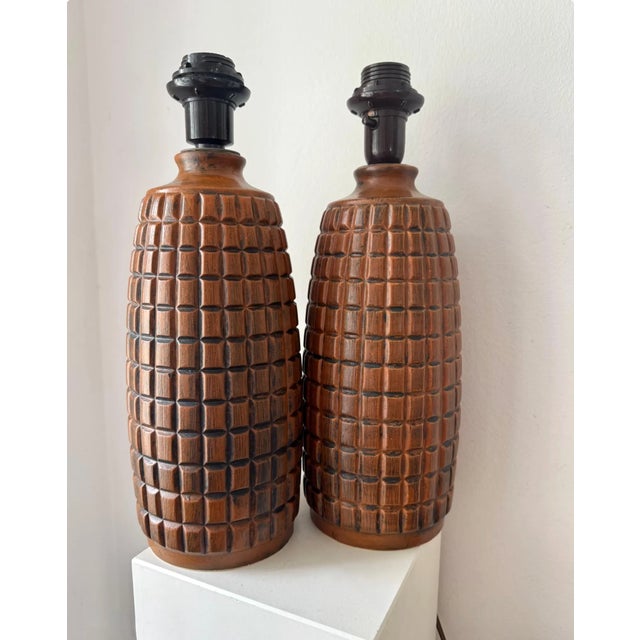Stoneware Table Lamps with Structured Relief from Anorld Wiigs, Norway, 1970s, Set of 2 For Sale - Image 4 of 6