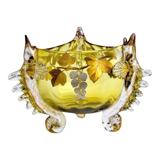 Antique Zoomorphic Amber Glass Bowl With Three Fish and Enamel Decoration, Attributed to Auguste Jean, Moser Style C. 1880 For Sale