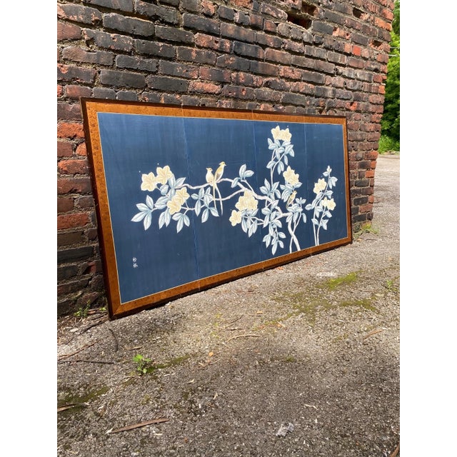Beautiful large authentic vintage 4 panel Asian folding silk screen. Gold silk trim, blue silk background, hand painted...