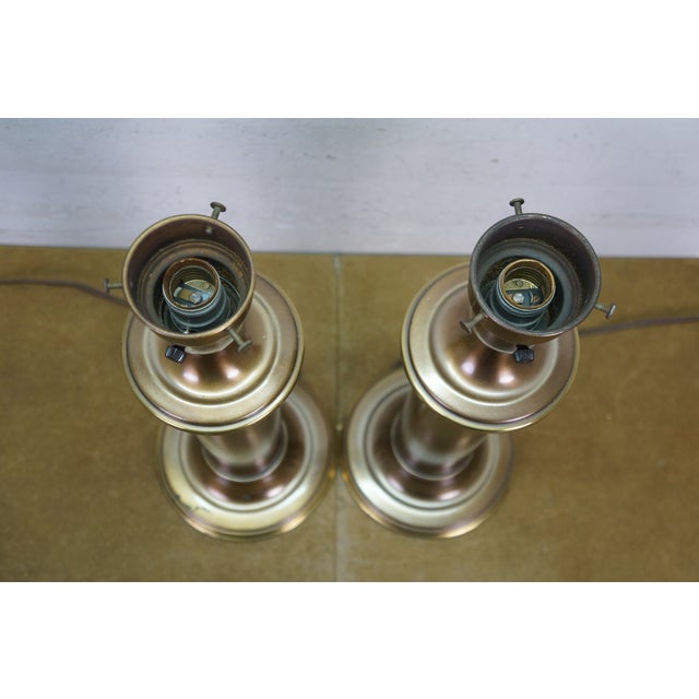 Mid 20th Century 2 Vintage Brass Hollywood Regency Torchiere Column Table Lamps 20 For Sale - Image 5 of 14