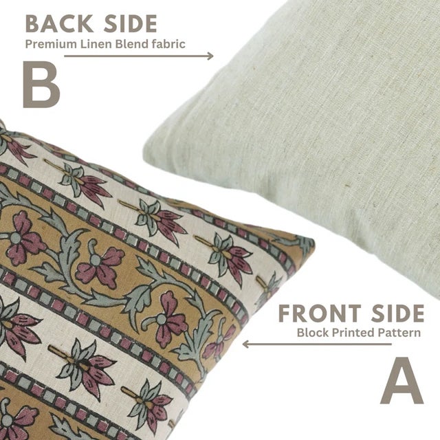 Fabdivine Block Print Laxmi Border Pattern Pillow Cover Linen Blend --14"x14" Inch For Sale - Image 4 of 5