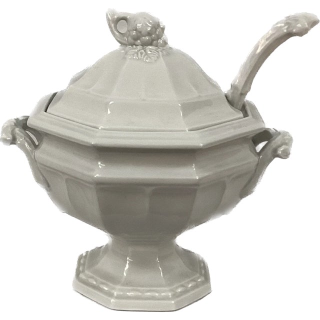 Nice solid white Red Cliff Stoneware soup tureen with handles, includes ladle and lid. 2.5 Quart. Decorated in grape motif...