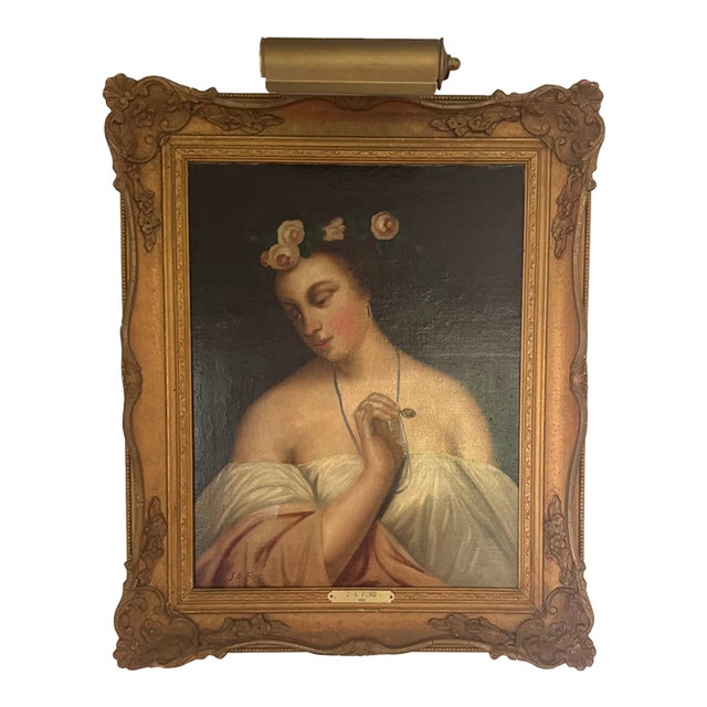 Antique-Style Victorian Oil Portrait of Woman With Roses – J. A. Ford, Ornate Gilt Frame & Picture Light For Sale