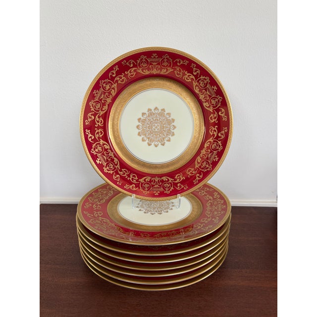Set of gorgeous Czech porcelain dinner plates / chargers hand decorated in deep red and elaborate gold by Pickard, circa...