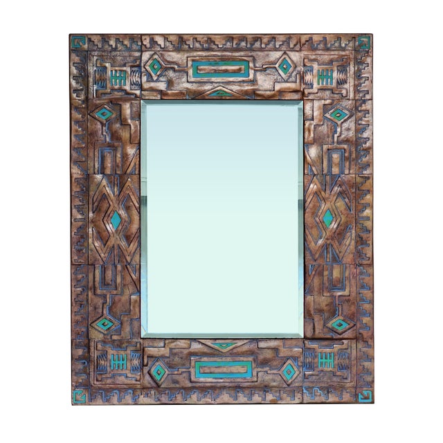 Artisan Signed Native American Navajo Tribal Diné Carved Turquoise Inlay Wall Mirror For Sale - Image 12 of 12