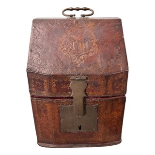 Antique French Coffret Tooled & Decorated Leather Keepsake Stationery Box For Sale