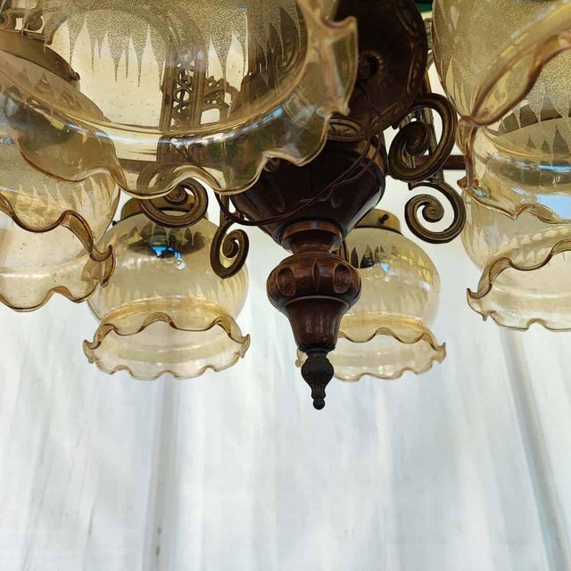 Brown Glass, Wood and Metal 6-Arm Chandelier For Sale - Image 8 of 11