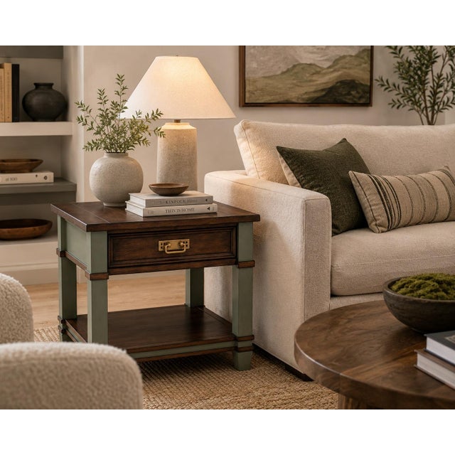 Contemporary Late 20th Century Old Chapel Sagewood™ Mission End Table Dried Thyme Green, Satin Walnut & Antique Gold For Sale - Image 3 of 4