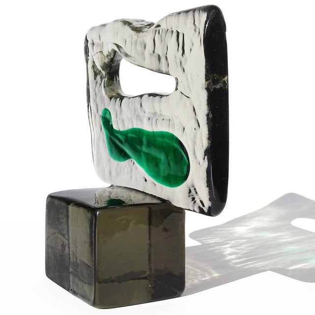 Beautiful vintage Murano hand blown clear smoky gray color with green paint stroke Italian art glass sculpture on base....