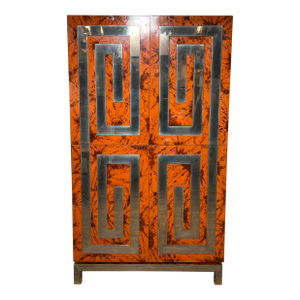 C. 1970s Custom Dry Bar Cabinet in Tortoiseshell Lacquer With Greek Key Motif