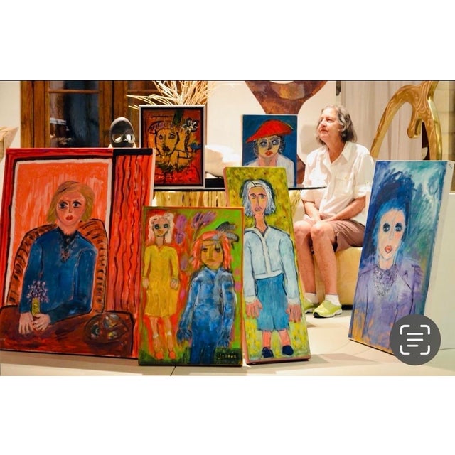 Navy Blue Large Vintage Abstract Oil Portrait Painting by JoAnne Fleming, 40” X 30” For Sale - Image 8 of 9