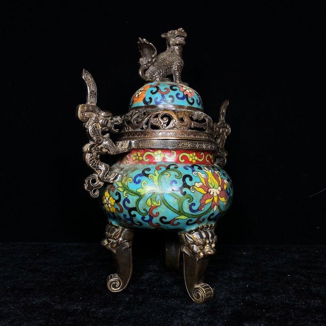 This is a striking and substantial vintage incense burner (censer), crafted in the traditional Chinese cloisonné enamel...