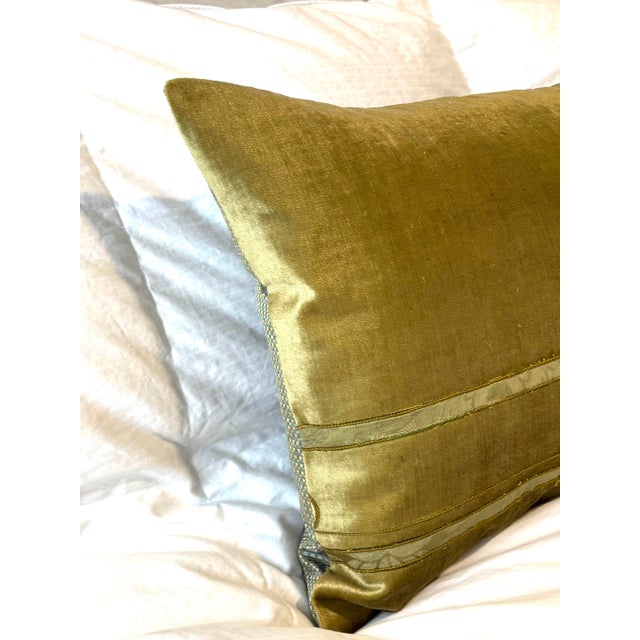 Textile Antique Acid-Green Crushed Silk Velvet Applique Bolster Pillow. For Sale - Image 7 of 7